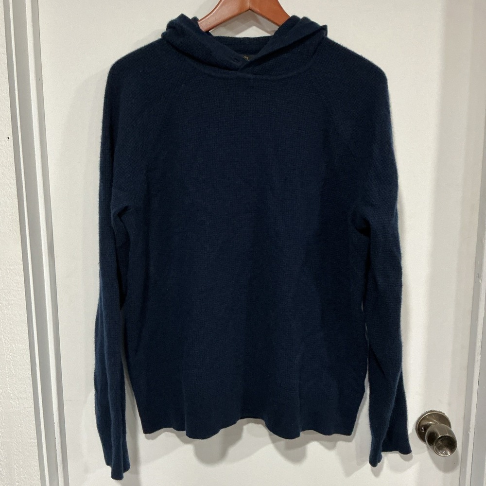J Crew Waffle Knit Cashmere Hooded Sweater, XL, Navy Blue